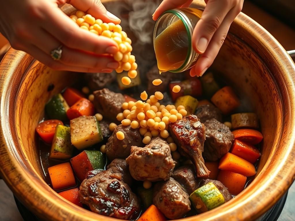 Ajout des légumes et du bouillon dans le tajine d'agneau Ajout des légumes et du bouillon dans le tajine d'agneau