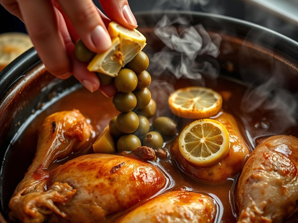 Ajout des olives et citrons confits au tajine poulet halal
