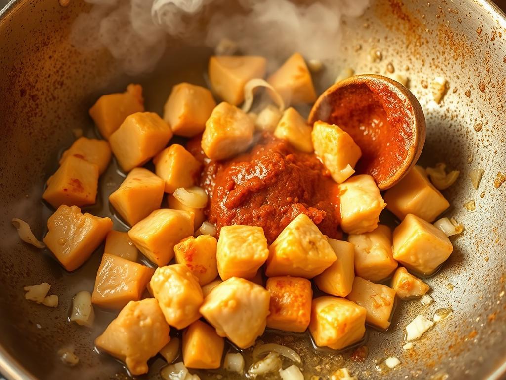 Cuisson du poulet pour la recette de poulet au curry et lait de coco Cuisson du poulet pour la recette de poulet au curry et lait de coco