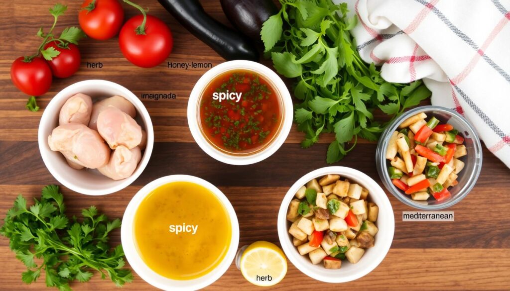 Différentes marinades pour poulet au four dans des bols Différentes marinades pour poulet au four dans des bols