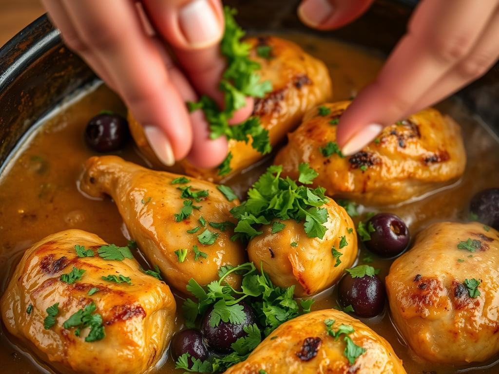 Finition du tajine poulet halal avec coriandre fraîche