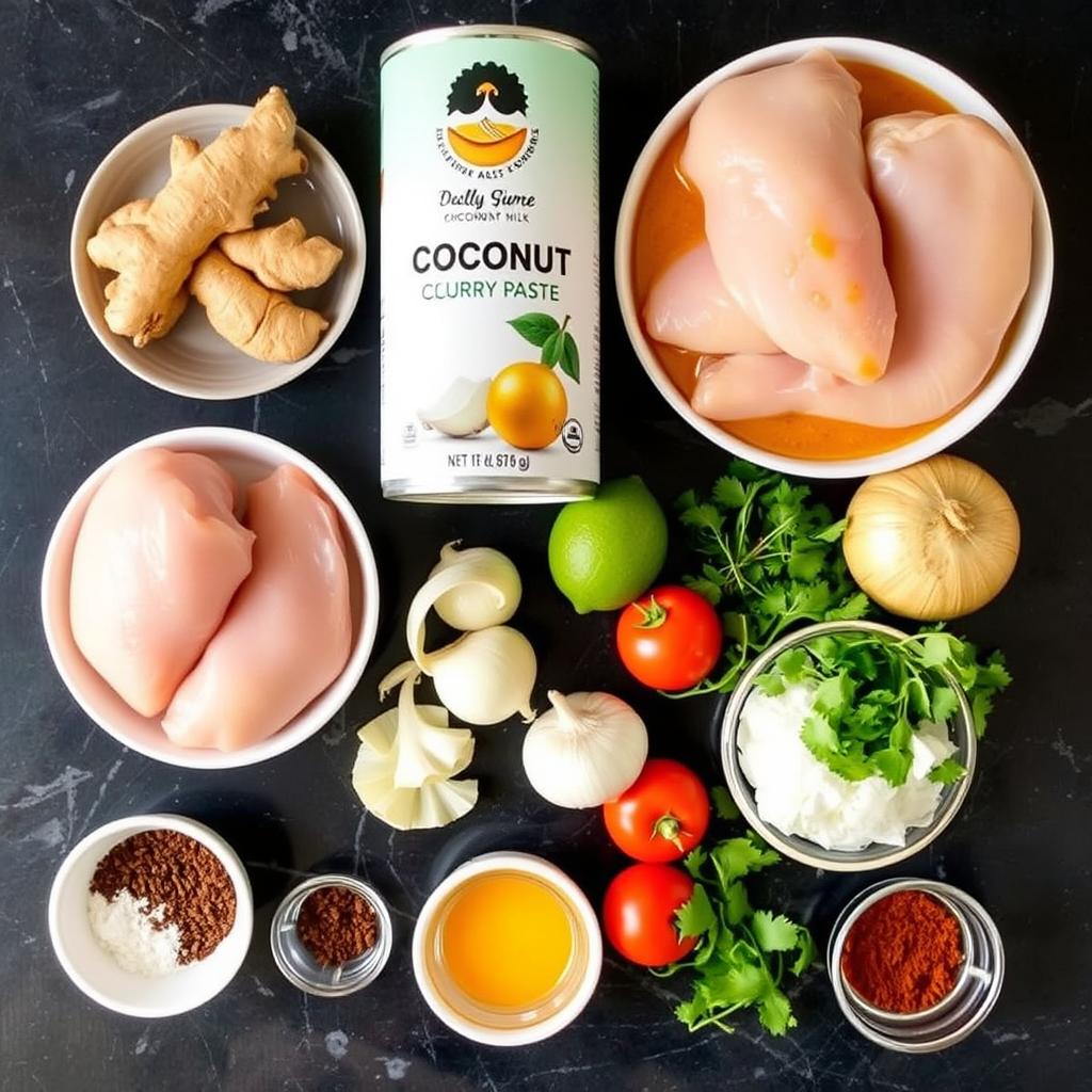 Ingrédients pour la recette de poulet au curry et lait de coco disposés sur un plan de travail Ingrédients pour la recette de poulet au curry et lait de coco disposés sur un plan de travail