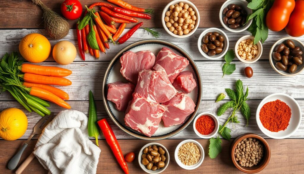 Ingrédients pour la recette tajine agneau disposés sur une table Ingrédients pour la recette tajine agneau disposés sur une table