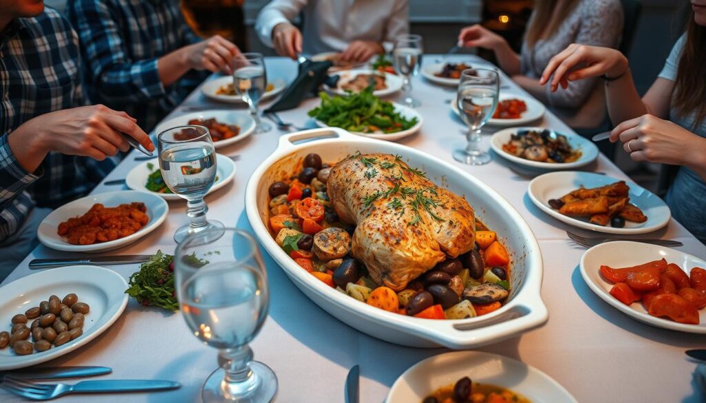 Plat de poulet méditerranéen au four servi à table Plat de poulet méditerranéen au four servi à table