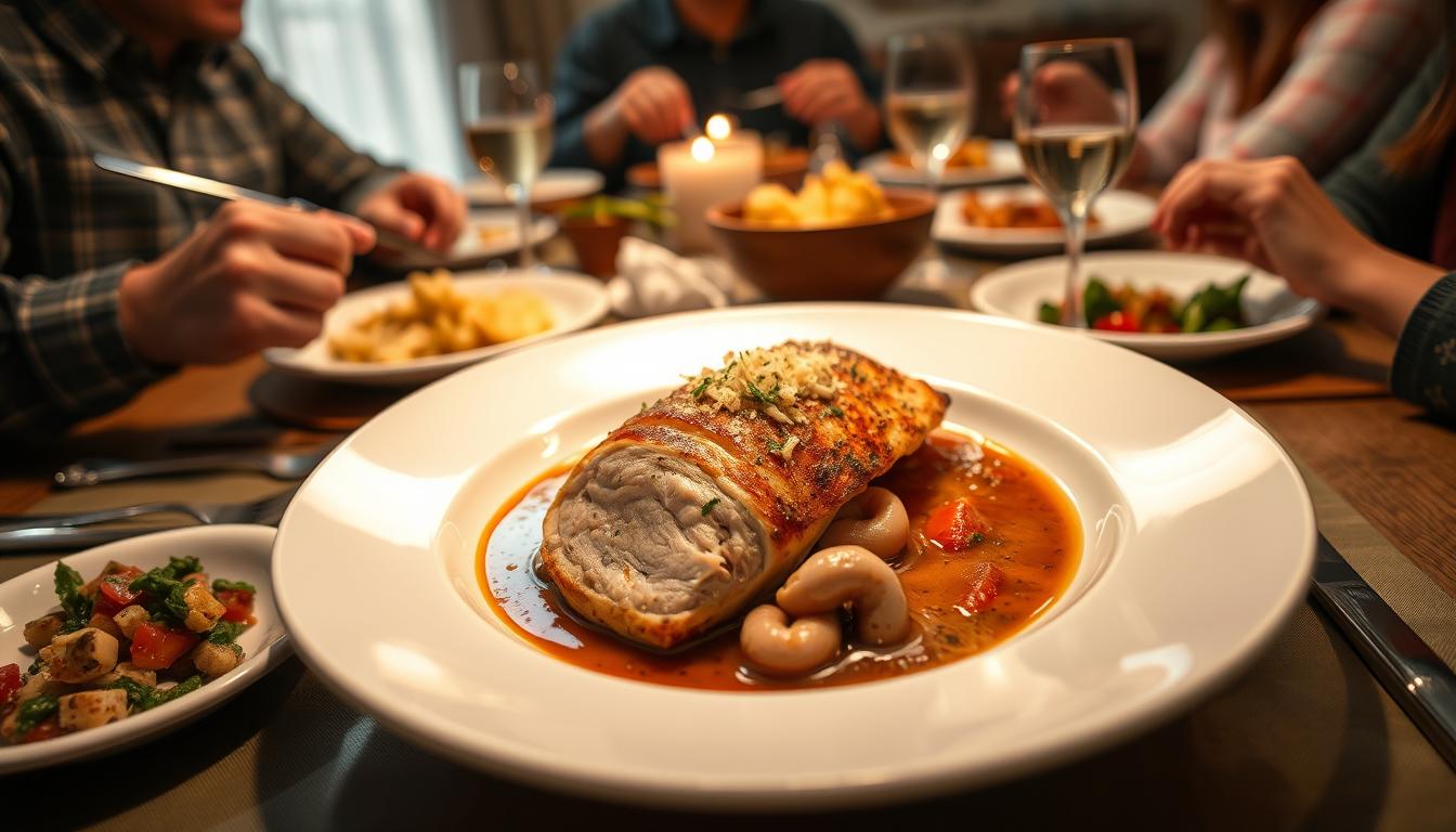 Plat final d'escalope de dinde en sauce servi à table