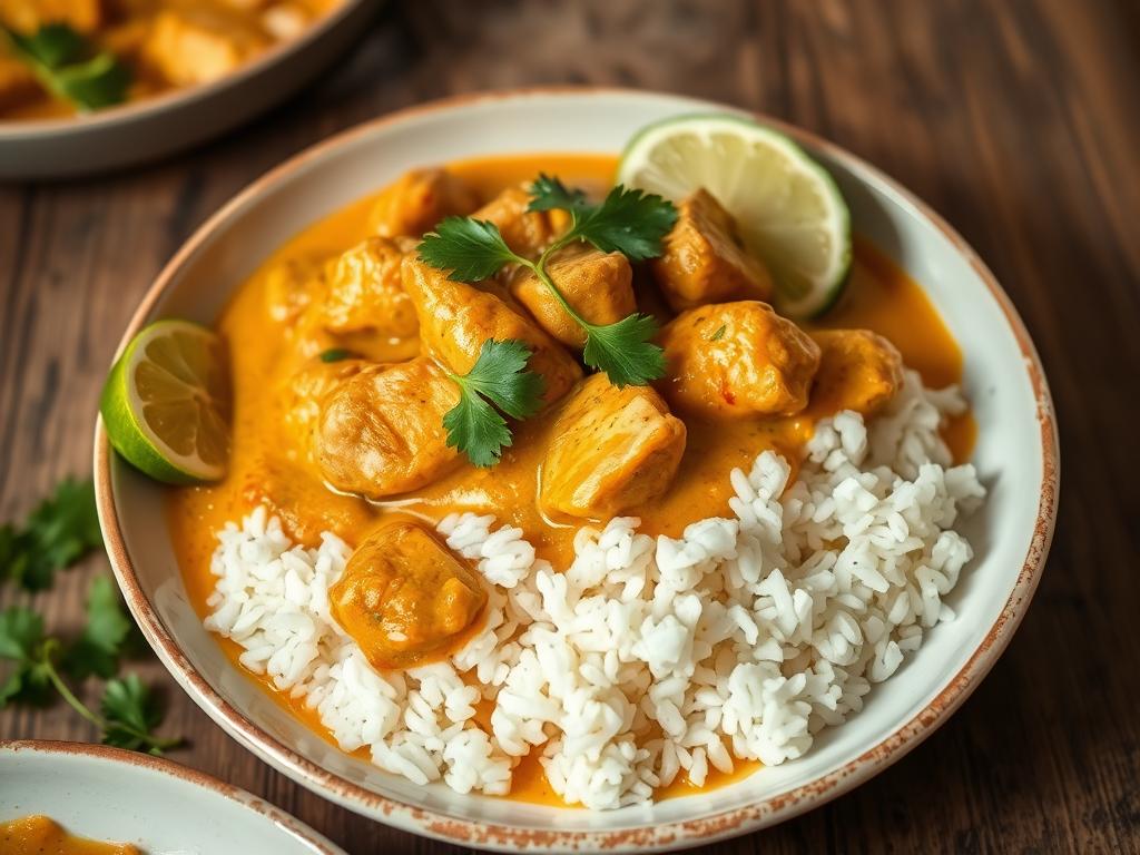 Poulet au curry et lait de coco servi avec du riz Poulet au curry et lait de coco servi avec du riz