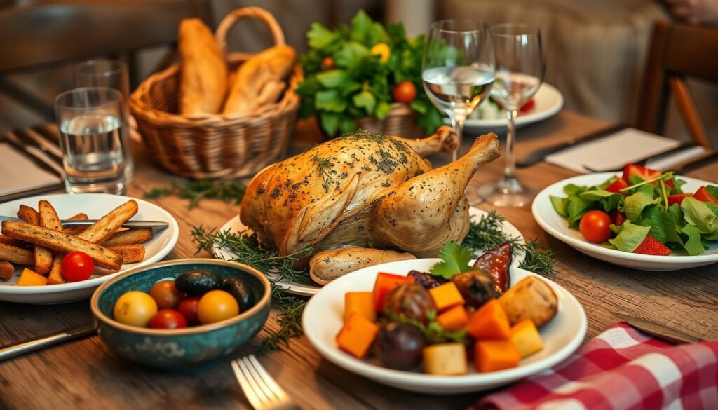 Poulet aux herbes de Provence servi à table avec vin et pain Poulet aux herbes de Provence servi à table avec vin et pain