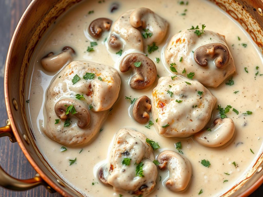 Poulet de Bresse à la crème servi avec des champignons Poulet de Bresse à la crème servi avec des champignons