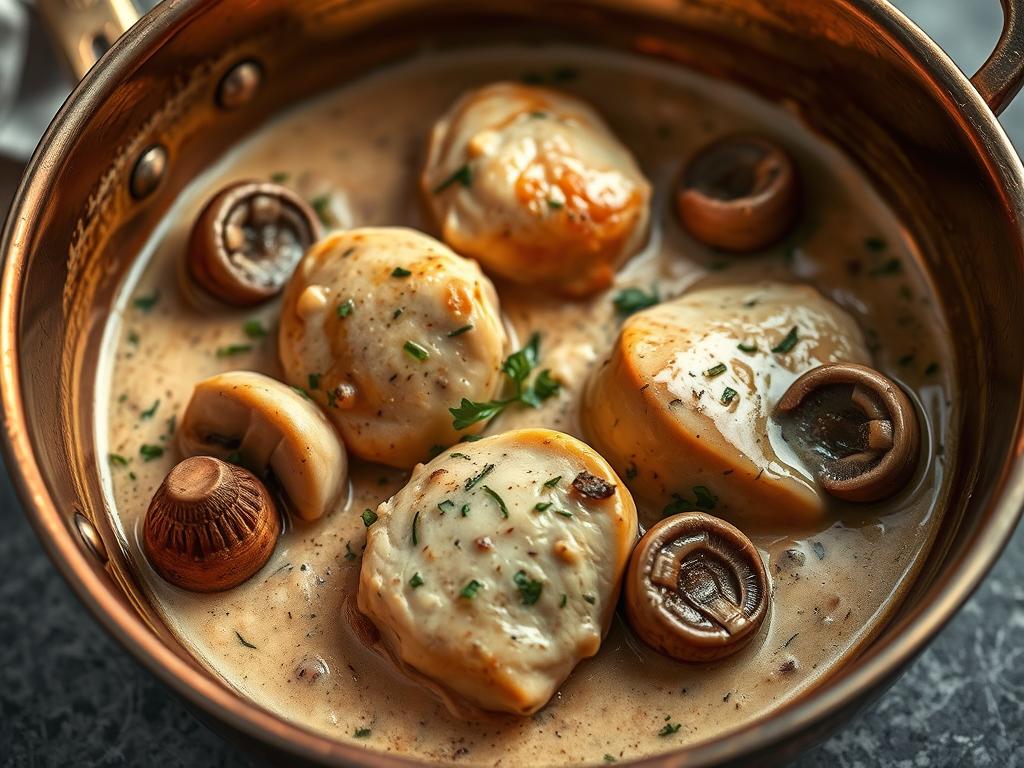 Poulet de Bresse aux morilles dans une sauce crémeuse Poulet de Bresse aux morilles dans une sauce crémeuse