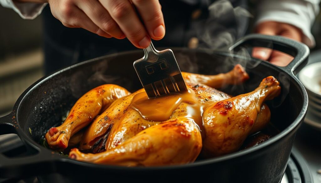 Poulet de Bresse en cours de cuisson dans une cocotte en fonte Poulet de Bresse en cours de cuisson dans une cocotte en fonte