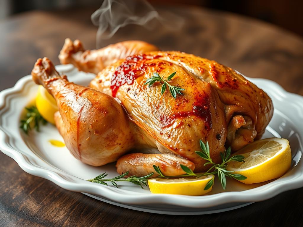 Poulet de Bresse rôti doré servi sur un plat de service Poulet de Bresse rôti doré servi sur un plat de service