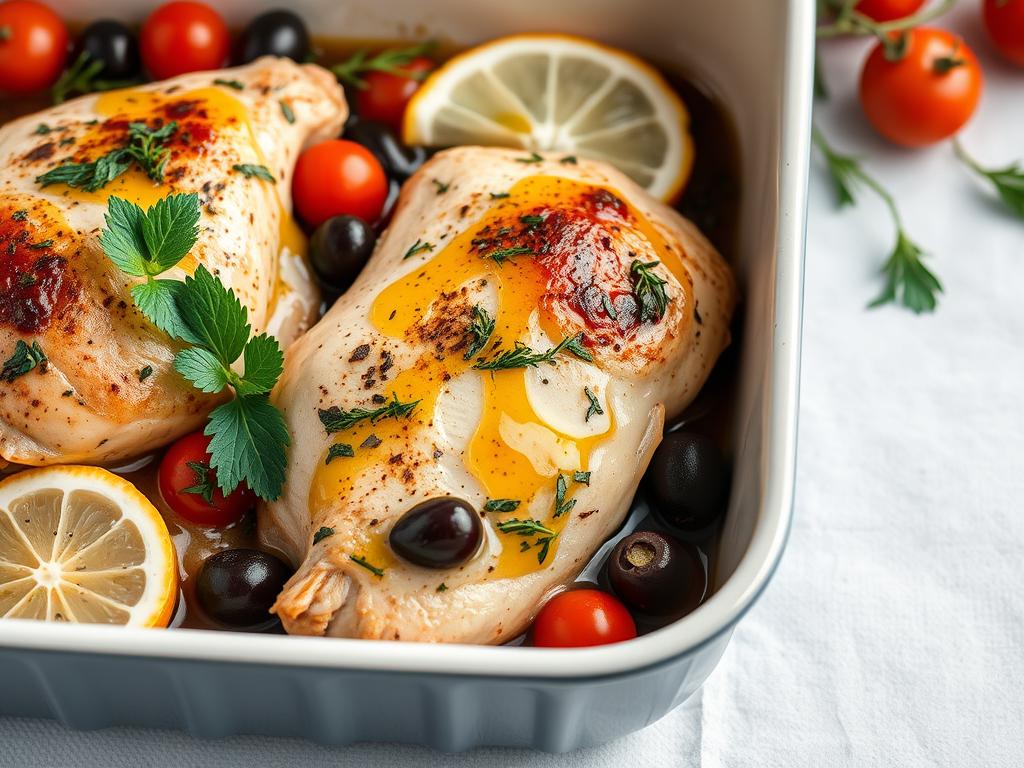 Poulet méditerranéen au four avec tomates, olives et herbes Poulet méditerranéen au four avec tomates, olives et herbes