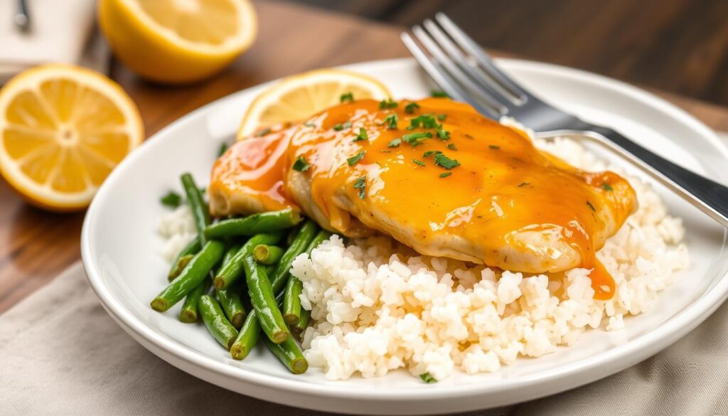 Poulet miel-citron au four servi avec riz et légumes verts Poulet miel-citron au four servi avec riz et légumes verts