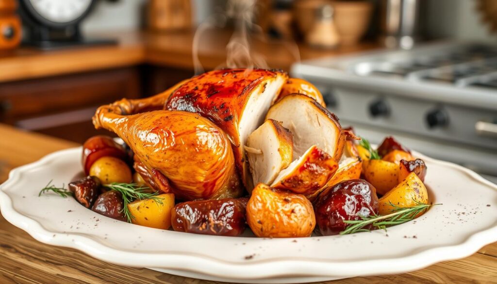 Poulet rôti au four servi avec pommes de terre Poulet rôti au four servi avec pommes de terre