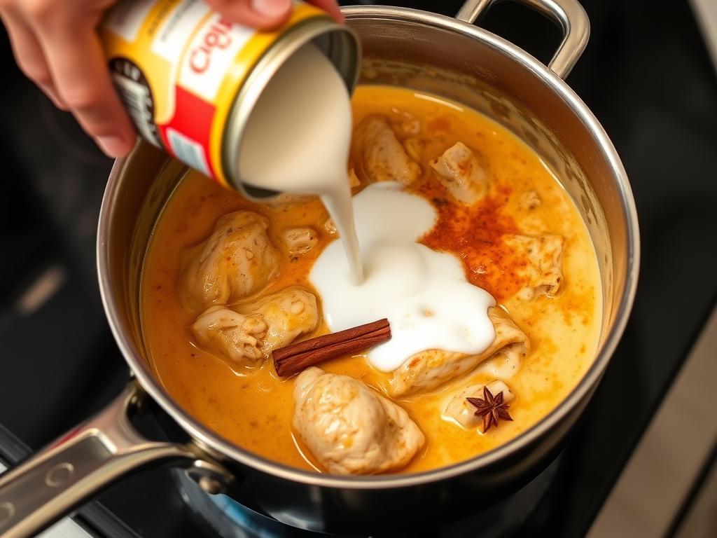 Préparation de la sauce au lait de coco pour le poulet au curry Préparation de la sauce au lait de coco pour le poulet au curry