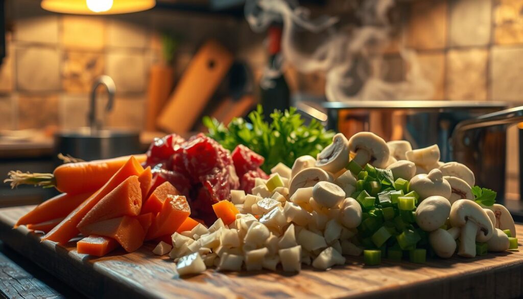 Préparation des légumes et de la viande pour ragoût de boeuf Préparation des légumes et de la viande pour ragoût de boeuf
