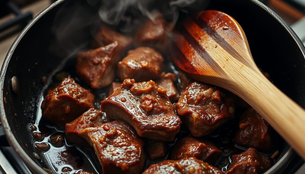 Saisie des morceaux d'agneau dans une cocotte pour tajine Saisie des morceaux d'agneau dans une cocotte pour tajine