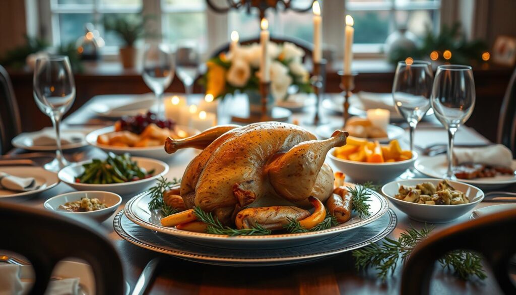 Table festive avec un poulet de Bresse rôti comme plat principal Table festive avec un poulet de Bresse rôti comme plat principal