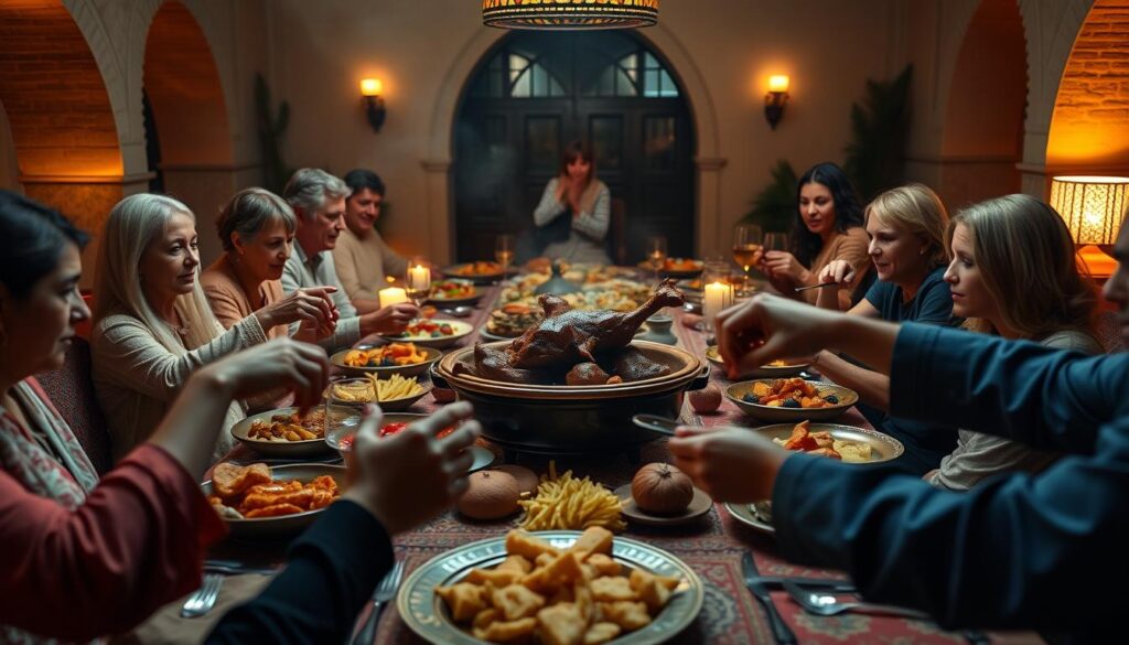 Tajine d'agneau servi à table avec famille et amis Tajine d'agneau servi à table avec famille et amis