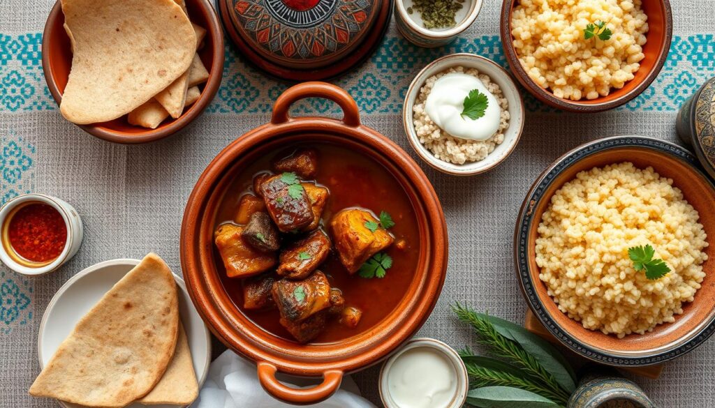 Tajine d'agneau servi avec de la semoule et du pain Tajine d'agneau servi avec de la semoule et du pain