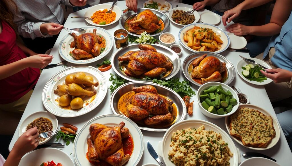 Variété de plats de poulet au four sur une table de fête Variété de plats de poulet au four sur une table de fête