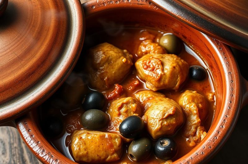 Tajine gastronomique aux fruits de mer Tajine au poulet olive en train de mijoter à feu doux