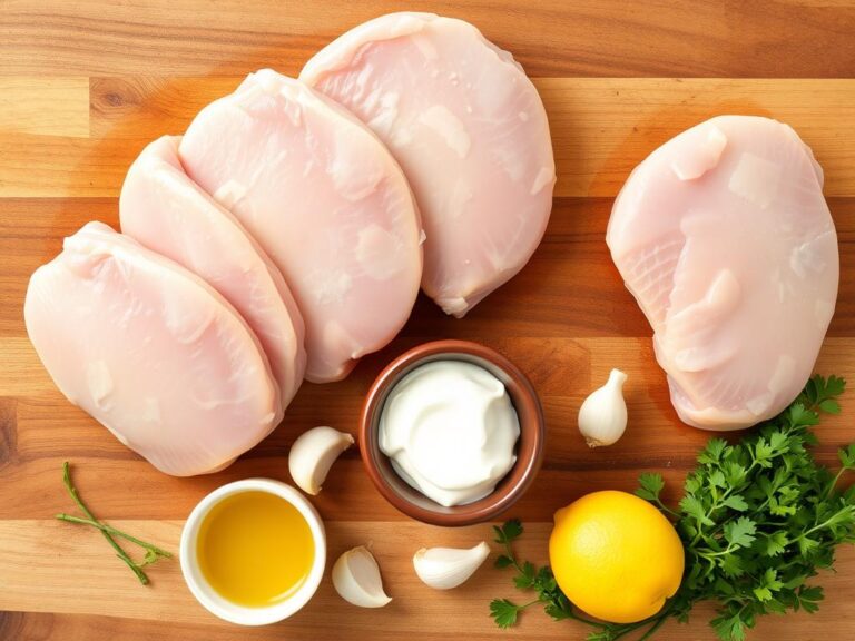 Ingrédients pour la recette d'escalope de dinde en sauce disposés sur un plan de travail