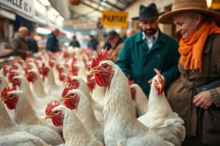 Marché traditionnel de volailles de Bresse avec leurs caractéristiques étiquettes tricolores