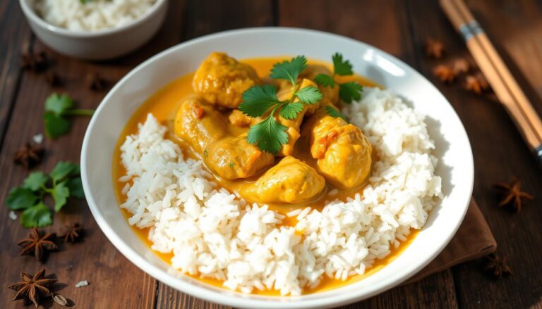 Plat de poulet au curry et lait de coco servi avec du riz basmati et garni de coriandre fraîche