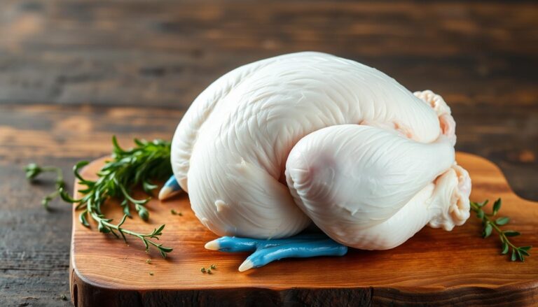 Poulet de Bresse entier avec sa caractéristique peau blanche et pattes bleues