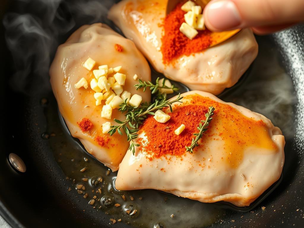 Ajout d'ail et d'épices autour des blancs de poulet dans la poêle
