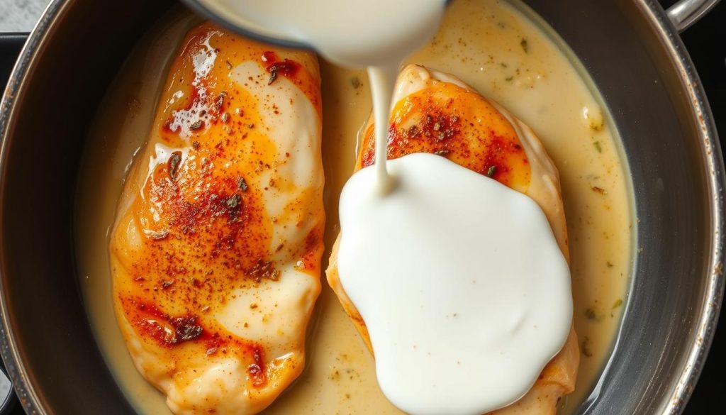 Ajout de crème fraîche pour créer la sauce du blanc de poulet rapide