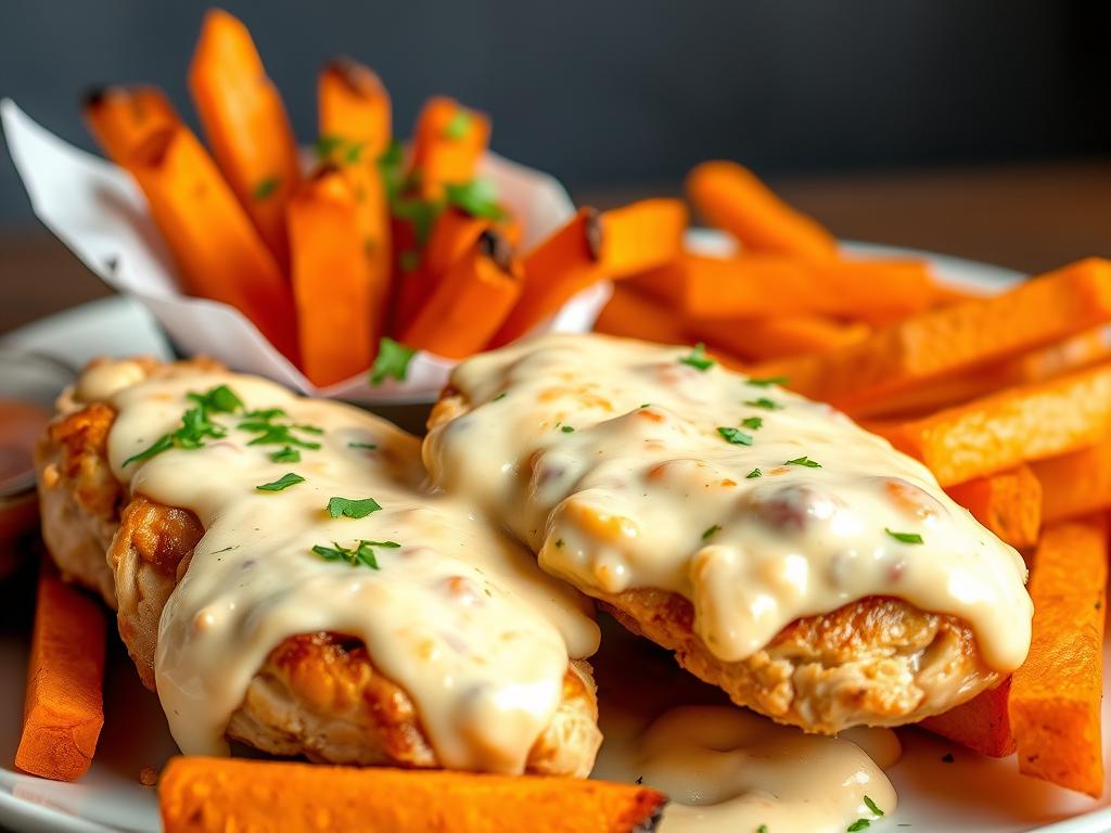 Blanc de poulet rapide servi avec des frites de patates douces Blanc de poulet rapide servi avec des frites de patates douces
