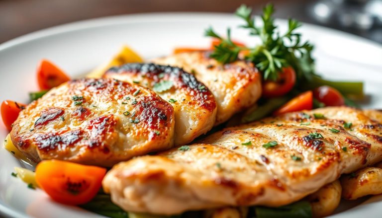 Blanc de Poulet Rapide : Recette Savoureuse en 20 Minutes Chrono 1 Blanc de poulet rapide servi avec des légumes et des herbes fraîches