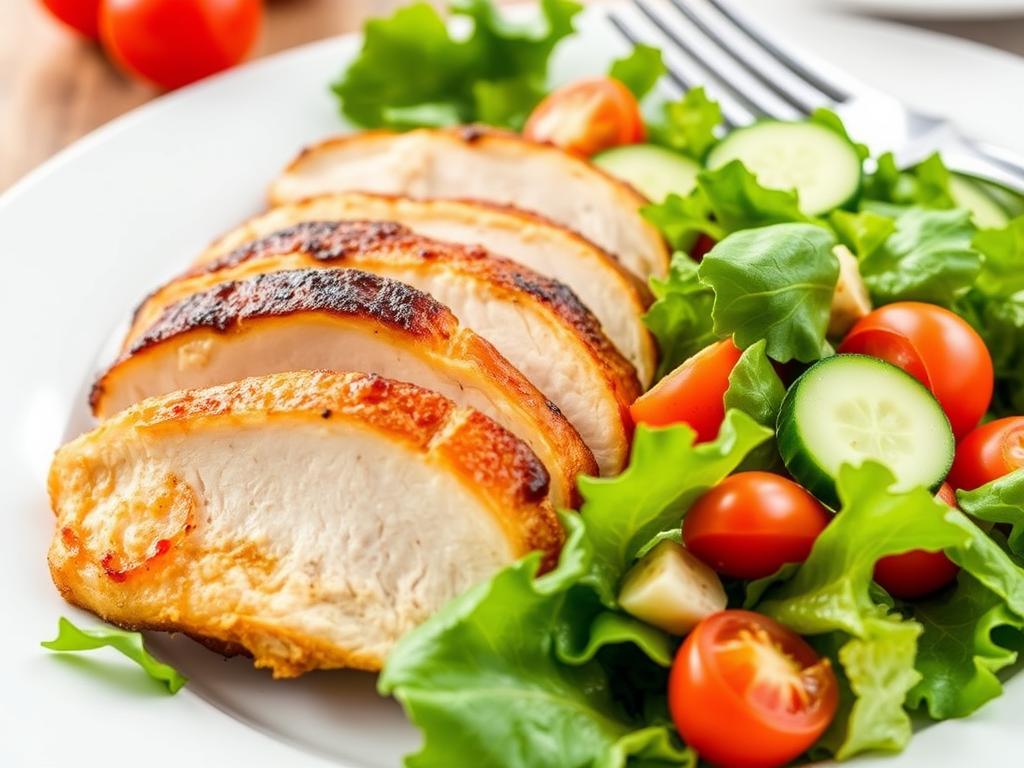 Blanc de poulet rapide servi avec une salade verte fraîche Blanc de poulet rapide servi avec une salade verte fraîche