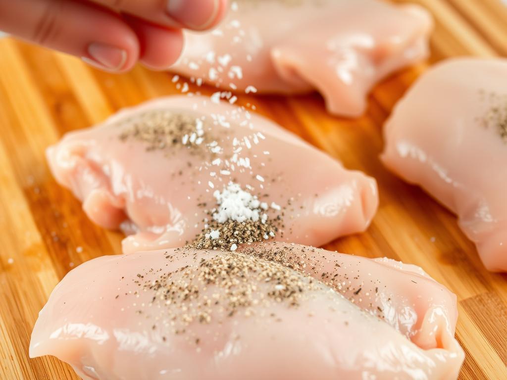 Blancs de poulet assaisonnés de sel et poivre sur une planche à découper