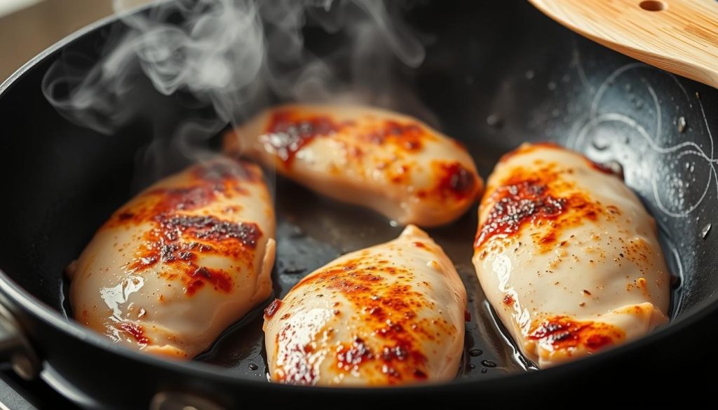 Blancs de poulet en train de dorer dans une poêle chaude