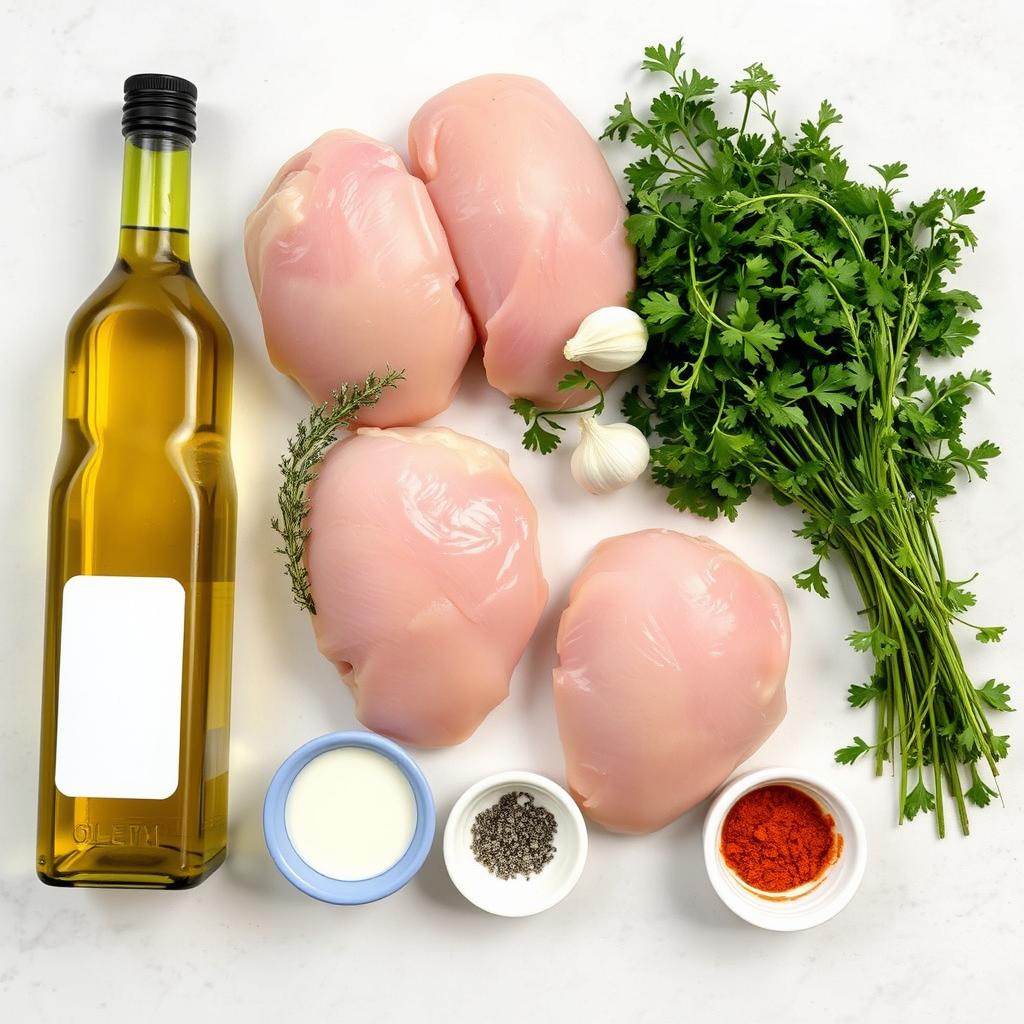 Ingrédients pour la recette de blanc de poulet rapide disposés sur un plan de travail Ingrédients pour la recette de blanc de poulet rapide disposés sur un plan de travail