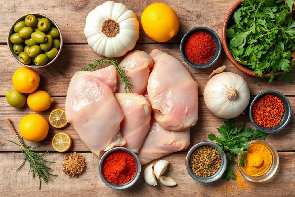 Ingrédients pour la recette tajine au poulet olive disposés sur une table Ingrédients pour la recette tajine au poulet olive disposés sur une table
