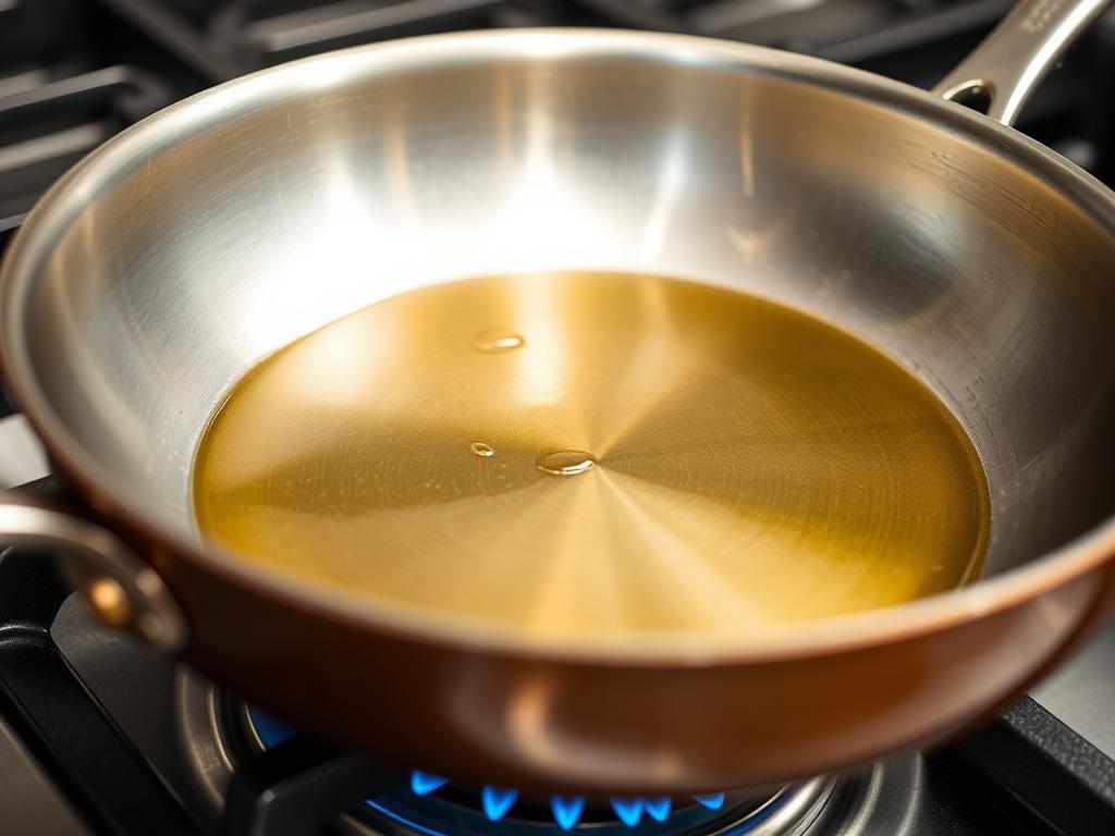Poêle chauffée avec de l'huile d'olive pour cuire le blanc de poulet rapide