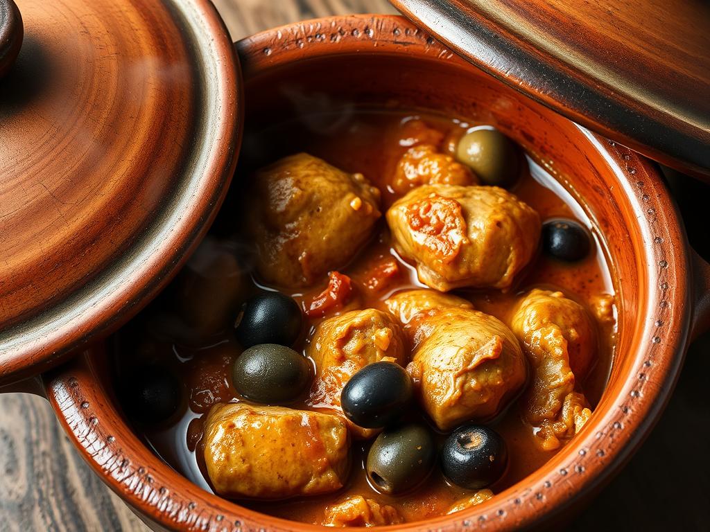 Tajine au poulet olive en train de mijoter à feu doux Tajine au poulet olive en train de mijoter à feu doux