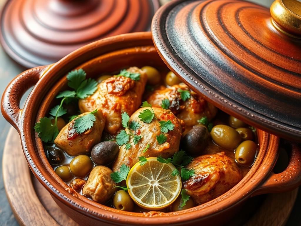 Tajine au poulet olive prêt à être servi avec garniture d'herbes fraîches Tajine au poulet olive prêt à être servi avec garniture d'herbes fraîches