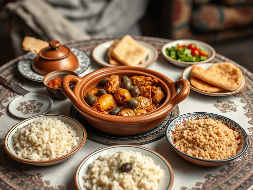 Tajine au poulet olive servi avec du pain marocain et du couscous Tajine au poulet olive servi avec du pain marocain et du couscous