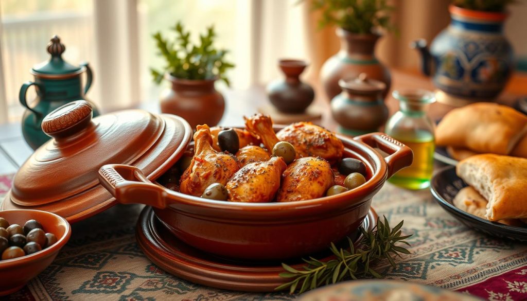 Tajine au poulet olive servi dans un cadre traditionnel marocain Tajine au poulet olive servi dans un cadre traditionnel marocain