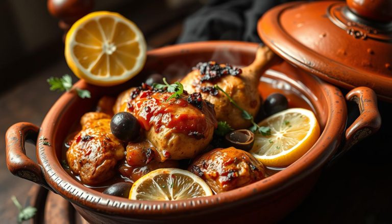 Recette Tajine au Poulet Olive: Authentique Plat Marocain 1 Tajine au poulet olive servi dans un plat traditionnel marocain