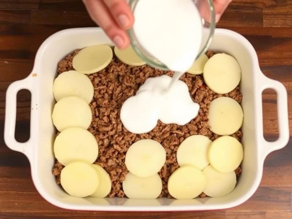 Assemblage des couches du gratin viande hachée pomme de terre