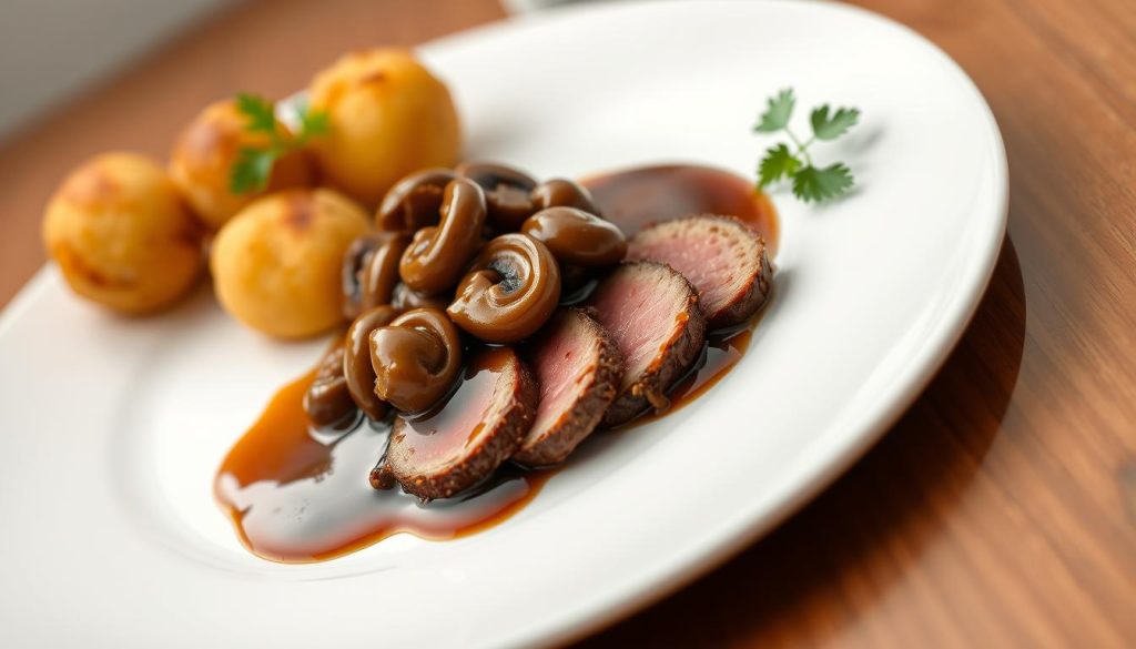 Assiette de langue de boeuf sauce madère avec croquettes Assiette de langue de boeuf sauce madère avec croquettes