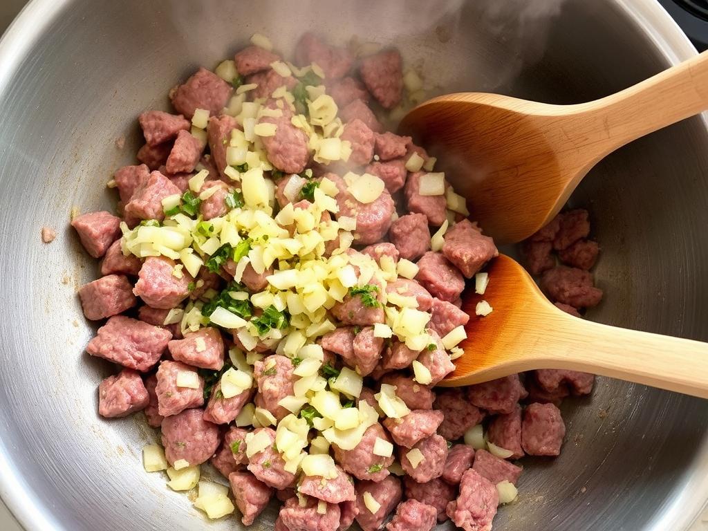 Cuisson de la viande hachée avec oignons pour gratin de pomme de terre