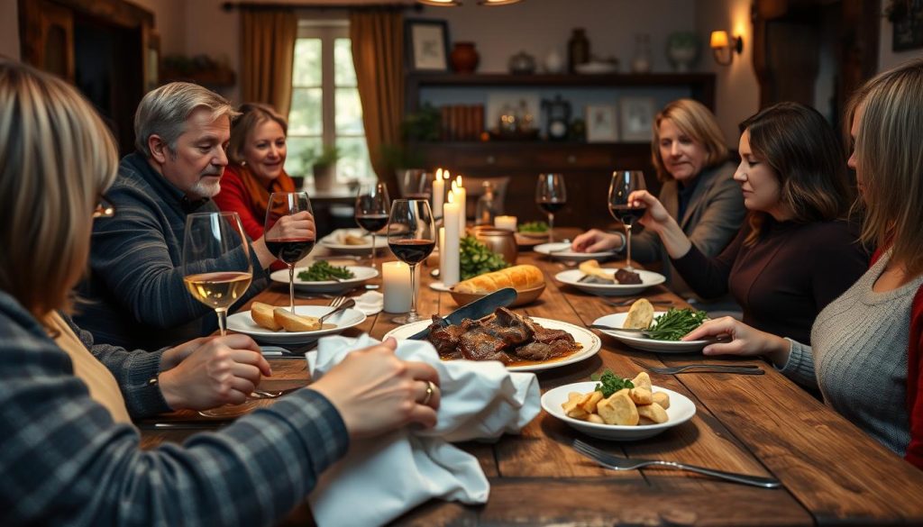 Daube de boeuf servie à table avec des convives