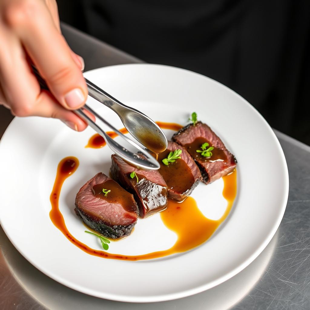 Dressage élégant du foie de bœuf sur une assiette Dressage élégant du foie de bœuf sur une assiette